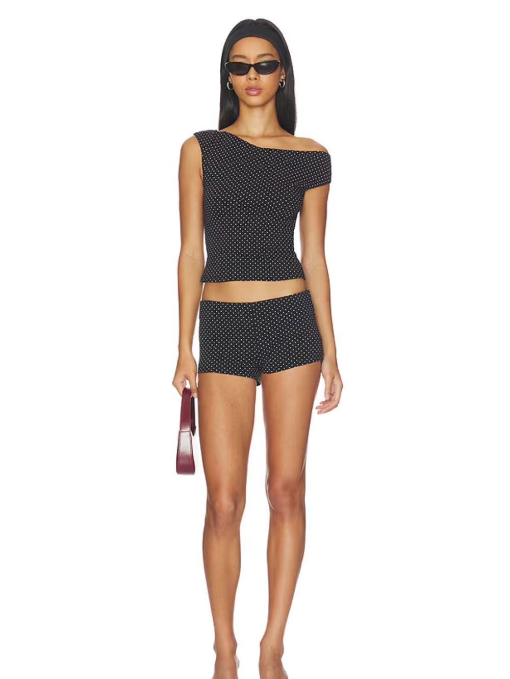 Black Polka Dot Two-Piece Set - Off-Shoulder Crop Top & Shorts